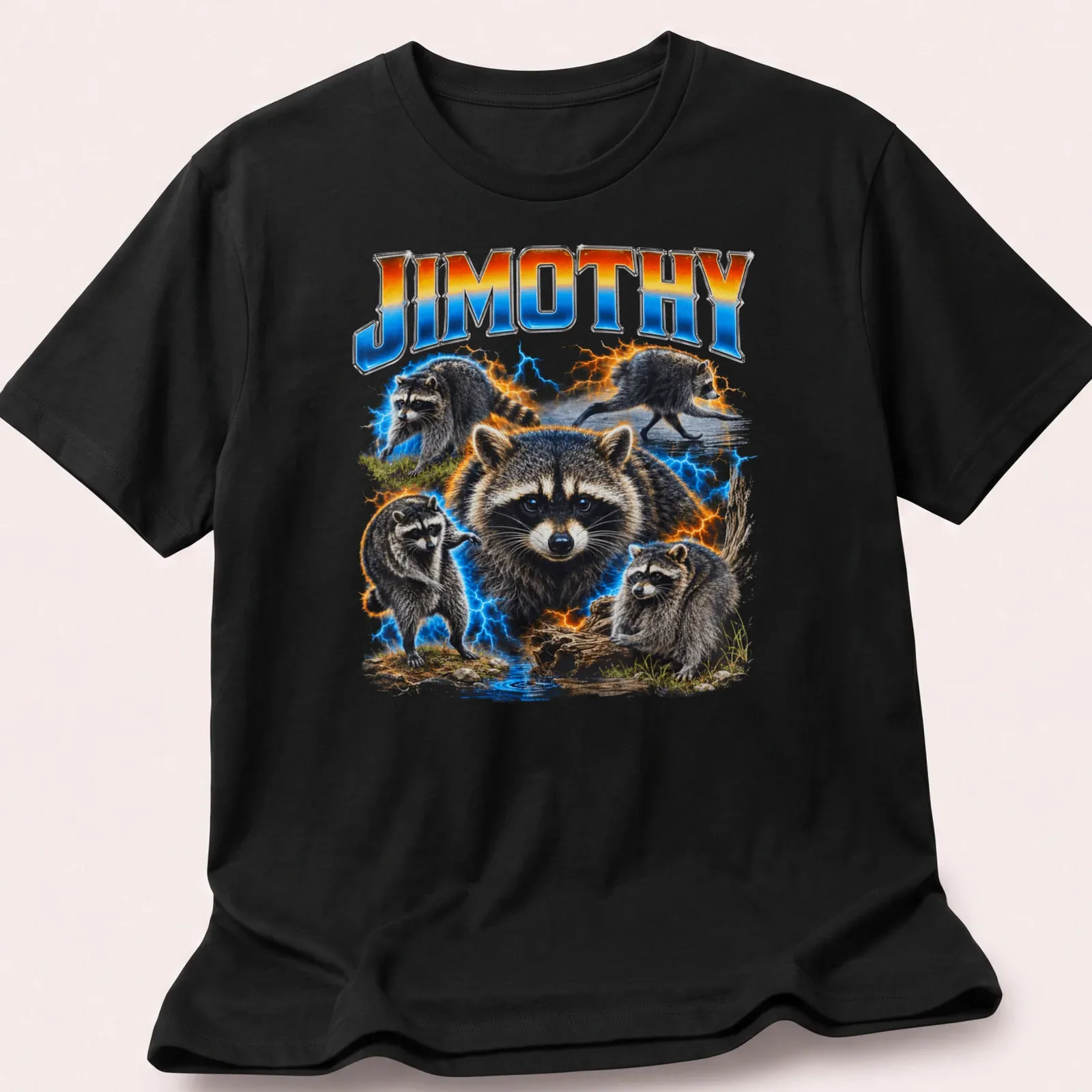 Vibrant detailed T-shirt with a raccoon and electric effects, featuring the name 'JIMOTHY' — printed on a unisex t-shirt