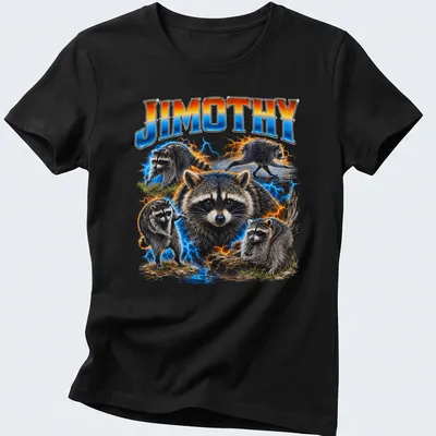 Vibrant detailed T-shirt with a raccoon and electric effects, featuring the name 'JIMOTHY' — printed on a women's shirt