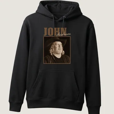 Vintage sepia portrait of country music artist John Anderson on — printed on a unisex hoodie