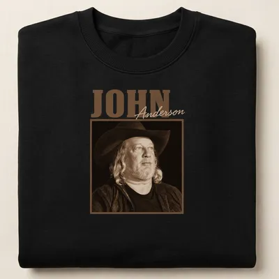 Vintage sepia portrait of country music artist John Anderson on — printed on a unisex sweatshirt