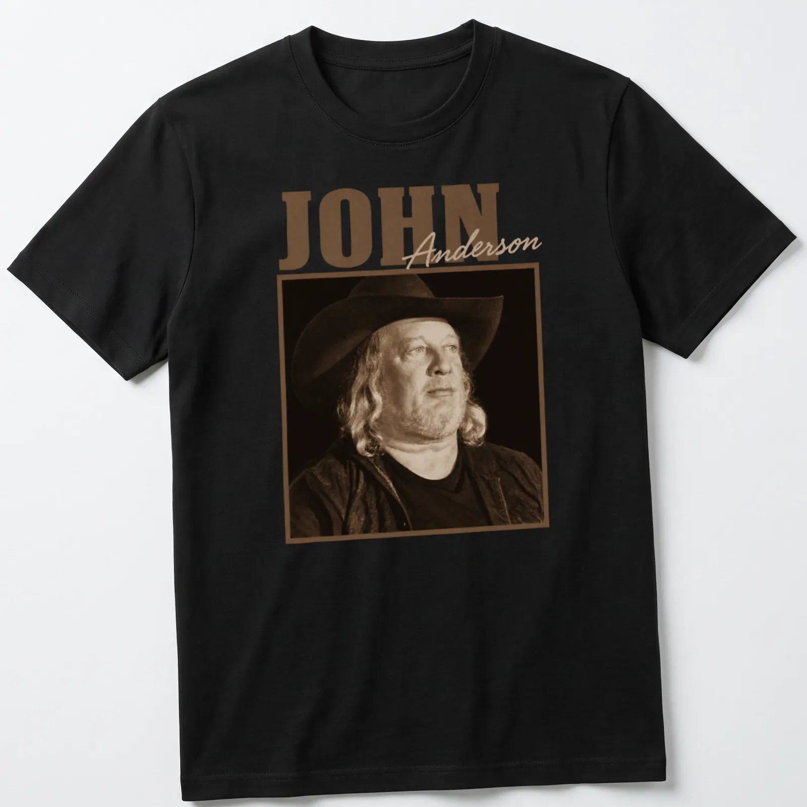Vintage sepia portrait of country music artist John Anderson on — printed on a unisex t-shirt