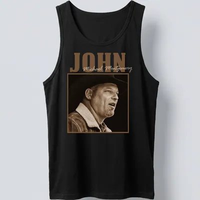 Sepia-toned cowboy portrait with John Michael Montgomery's name — printed on a tank top