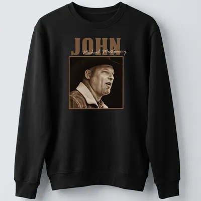 Sepia-toned cowboy portrait with John Michael Montgomery's name — printed on a unisex sweatshirt