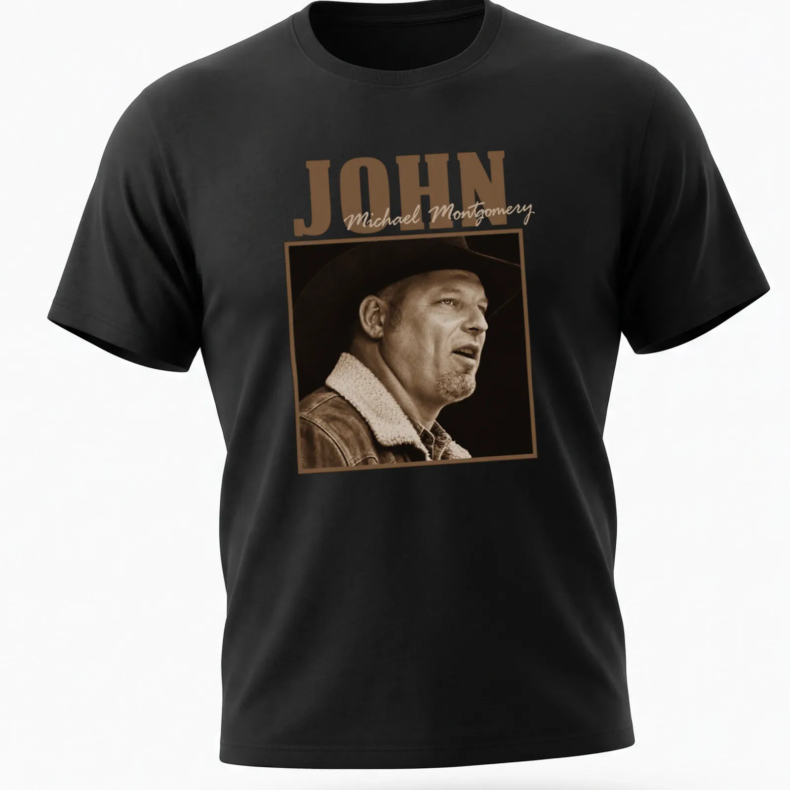 Sepia-toned cowboy portrait with John Michael Montgomery's name — printed on a unisex t-shirt