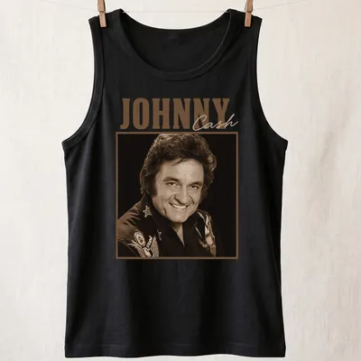 Vintage Johnny Cash t-shirt with retro font and illustration in brown and beige — printed on a tank top