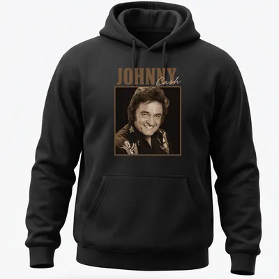 Vintage Johnny Cash t-shirt with retro font and illustration in brown and beige — printed on a unisex hoodie