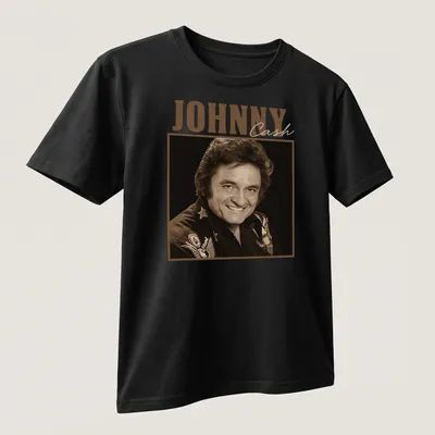 Vintage Johnny Cash t-shirt with retro font and illustration in brown and beige — printed on a unisex t-shirt (angled view)