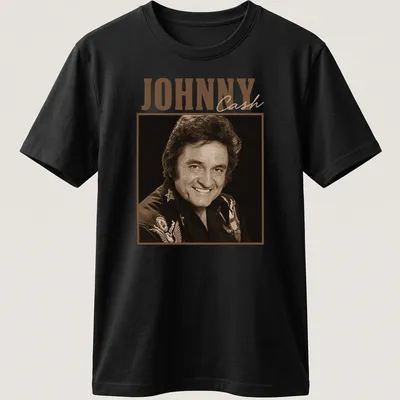 Vintage Johnny Cash t-shirt with retro font and illustration in brown and beige