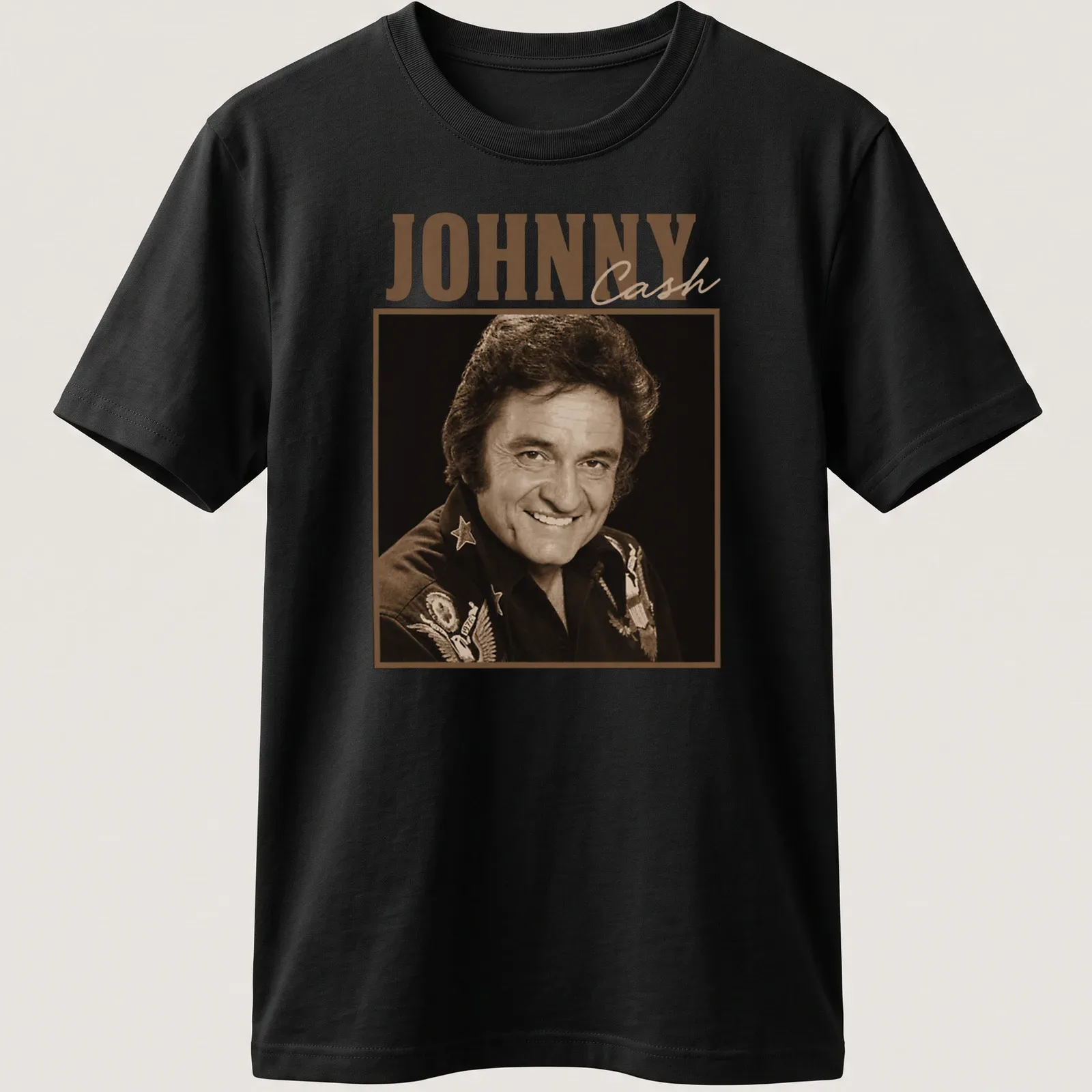 Vintage Johnny Cash t-shirt with retro font and illustration in brown and beige — printed on a unisex t-shirt
