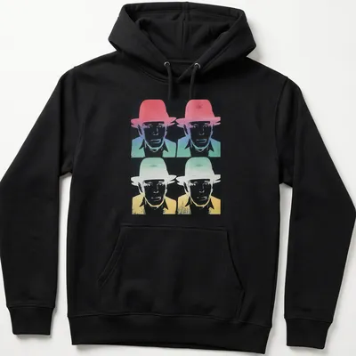 Pop art illustration of Joseph Beuys in various colors on a — printed on a unisex hoodie