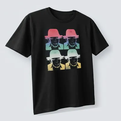 Pop art illustration of Joseph Beuys in various colors on a — printed on a unisex t-shirt (angled view)
