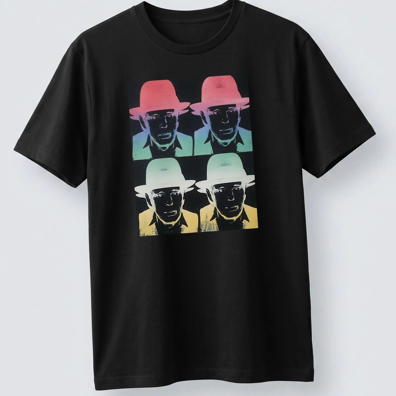 Pop art illustration of Joseph Beuys in various colors on a — printed on a unisex t-shirt