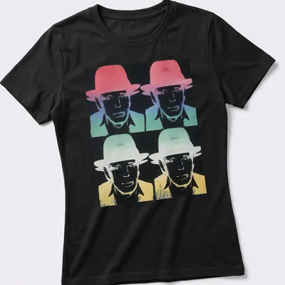 Pop art illustration of Joseph Beuys in various colors on a — printed on a women's shirt