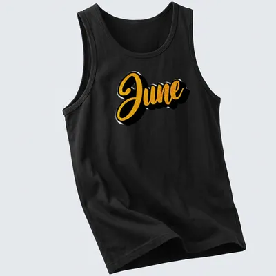 Stylized script t-shirt featuring the name June in gold on a black background — printed on a tank top