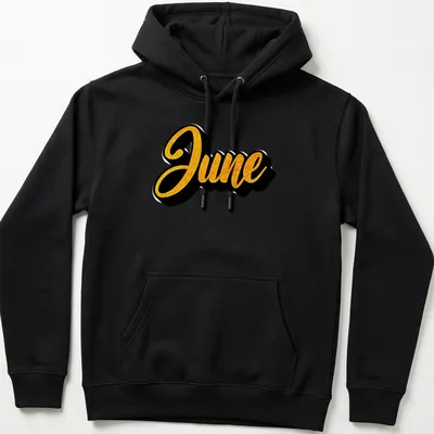 Stylized script t-shirt featuring the name June in gold on a black background — printed on a unisex hoodie