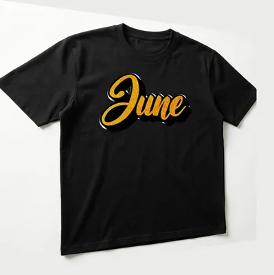 Stylized script t-shirt featuring the name June in gold on a black background — printed on a unisex t-shirt (angled view)