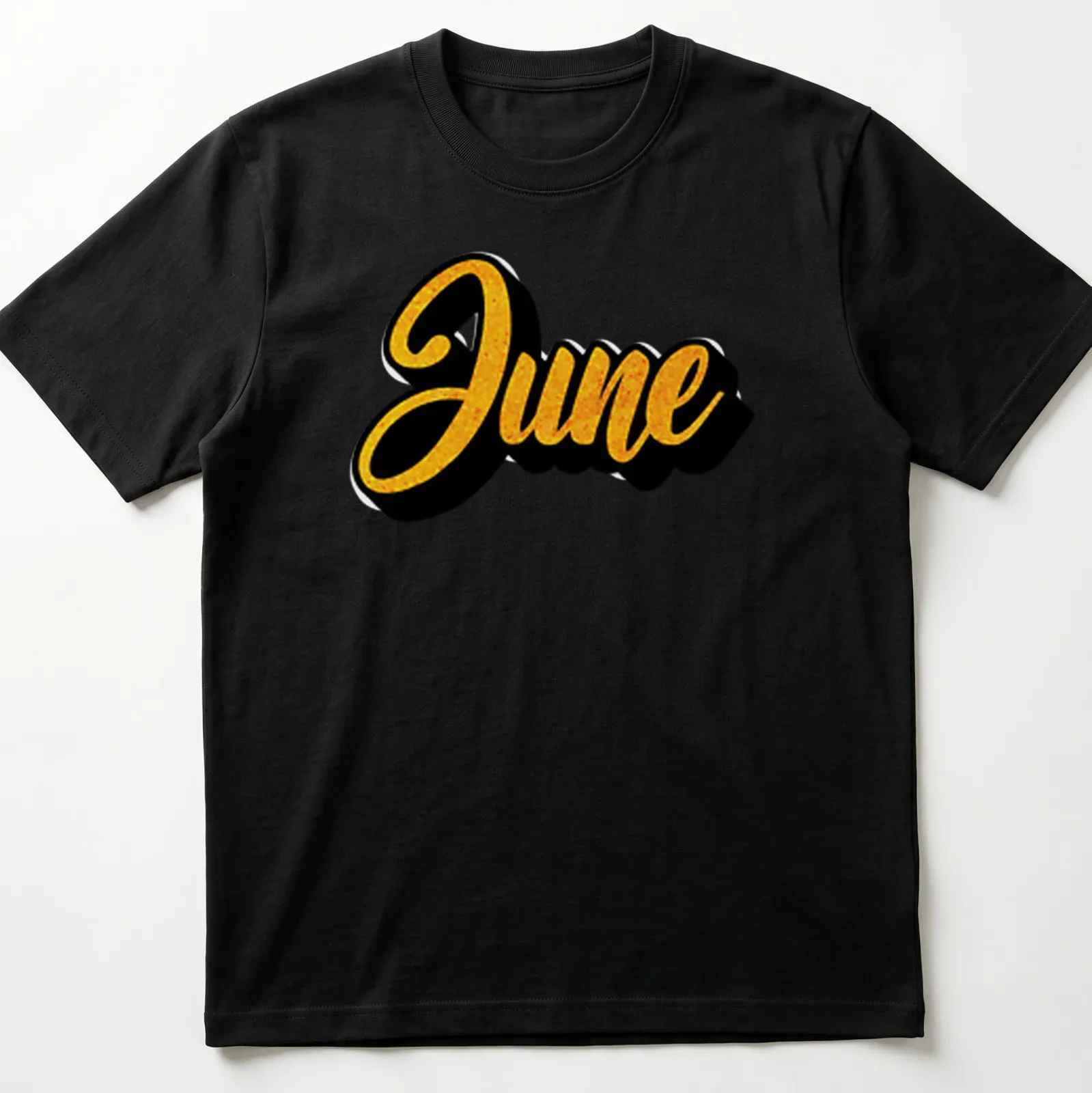 Stylized script t-shirt featuring the name June in gold on a black background — printed on a unisex t-shirt