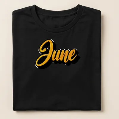 Stylized script t-shirt featuring the name June in gold on a black background — printed on a women's shirt