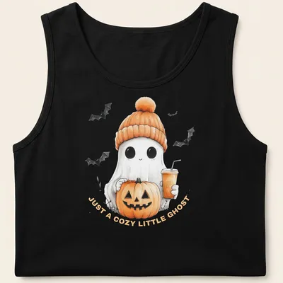 Cute cartoon ghost with pumpkin and iced coffee design on — printed on a tank top