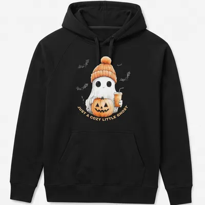 Cute cartoon ghost with pumpkin and iced coffee design on — printed on a unisex hoodie