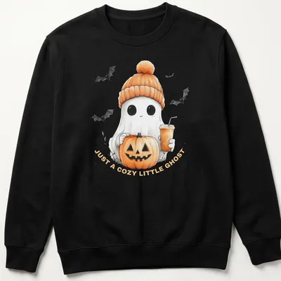 Cute cartoon ghost with pumpkin and iced coffee design on — printed on a unisex sweatshirt