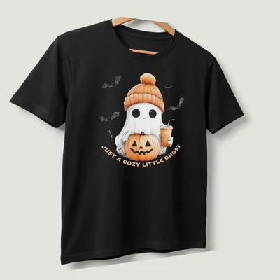 Cute cartoon ghost with pumpkin and iced coffee design on — printed on a unisex t-shirt (angled view)