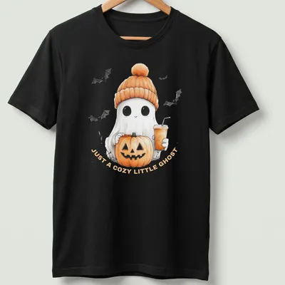 Cute cartoon ghost with pumpkin and iced coffee design on — printed on a unisex t-shirt