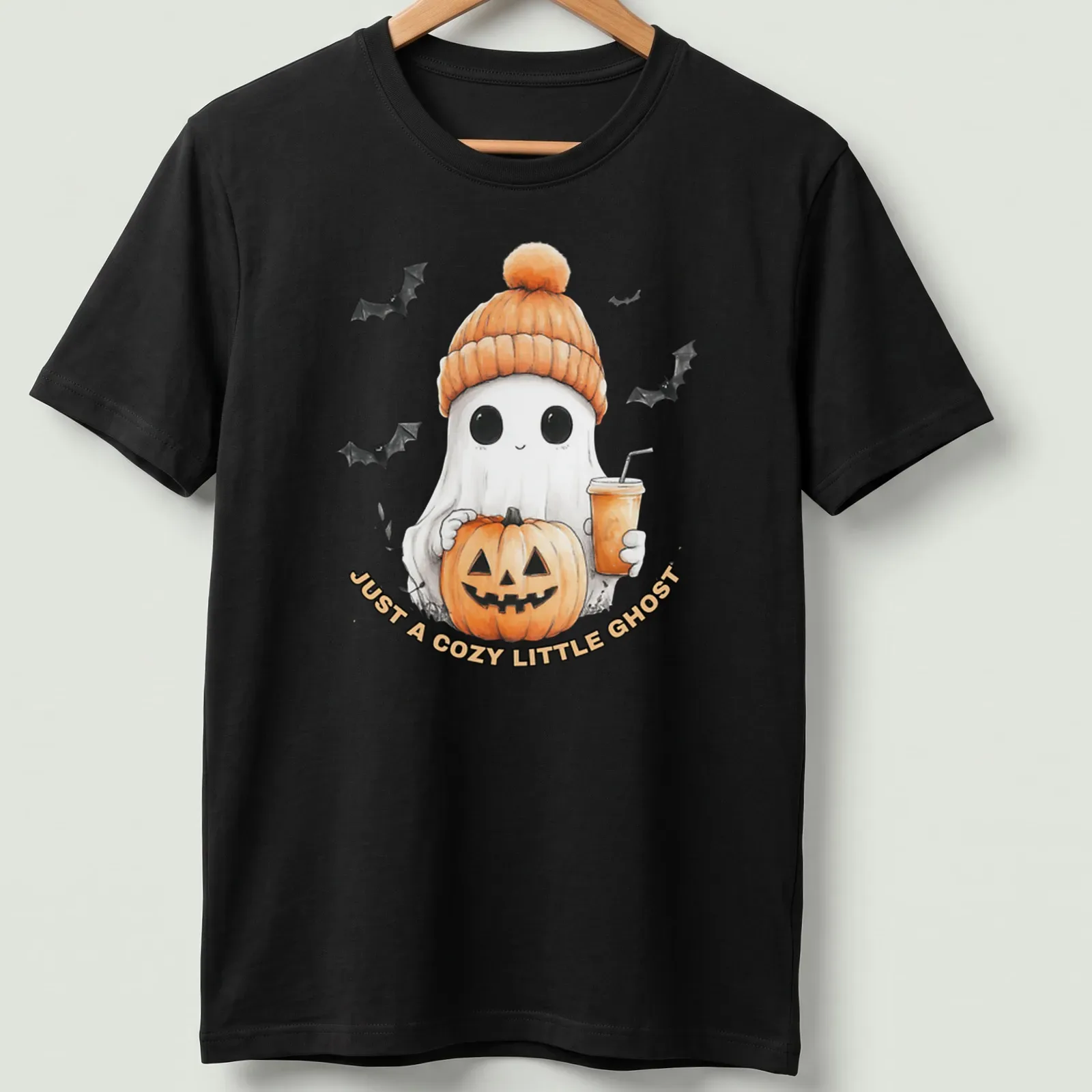 Cute cartoon ghost with pumpkin and iced coffee design on — printed on a unisex t-shirt