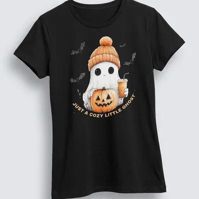Cute cartoon ghost with pumpkin and iced coffee design on — printed on a women's shirt