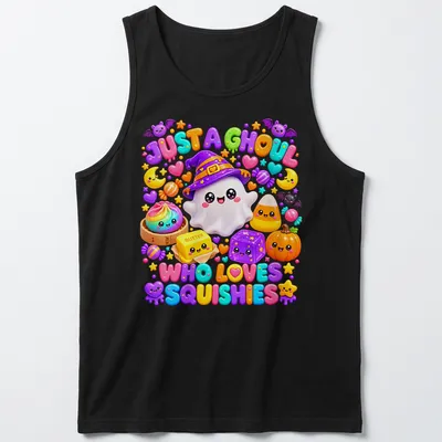 Kawaii ghost with colorful squishies and fun text on a — printed on a tank top
