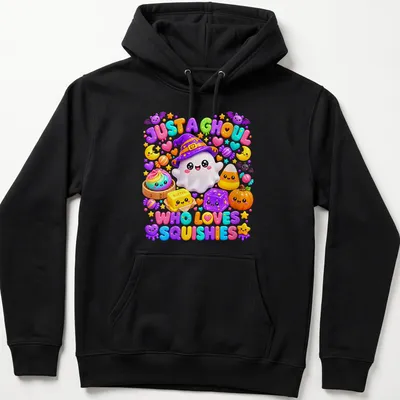 Kawaii ghost with colorful squishies and fun text on a — printed on a unisex hoodie