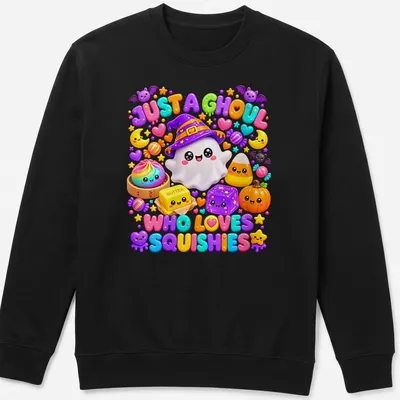 Kawaii ghost with colorful squishies and fun text on a — printed on a unisex sweatshirt