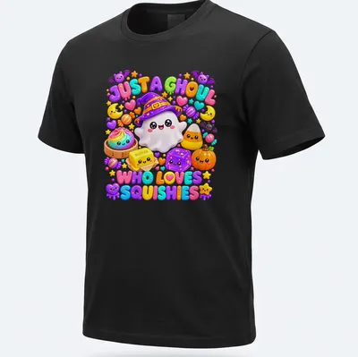 Kawaii ghost with colorful squishies and fun text on a — printed on a unisex t-shirt