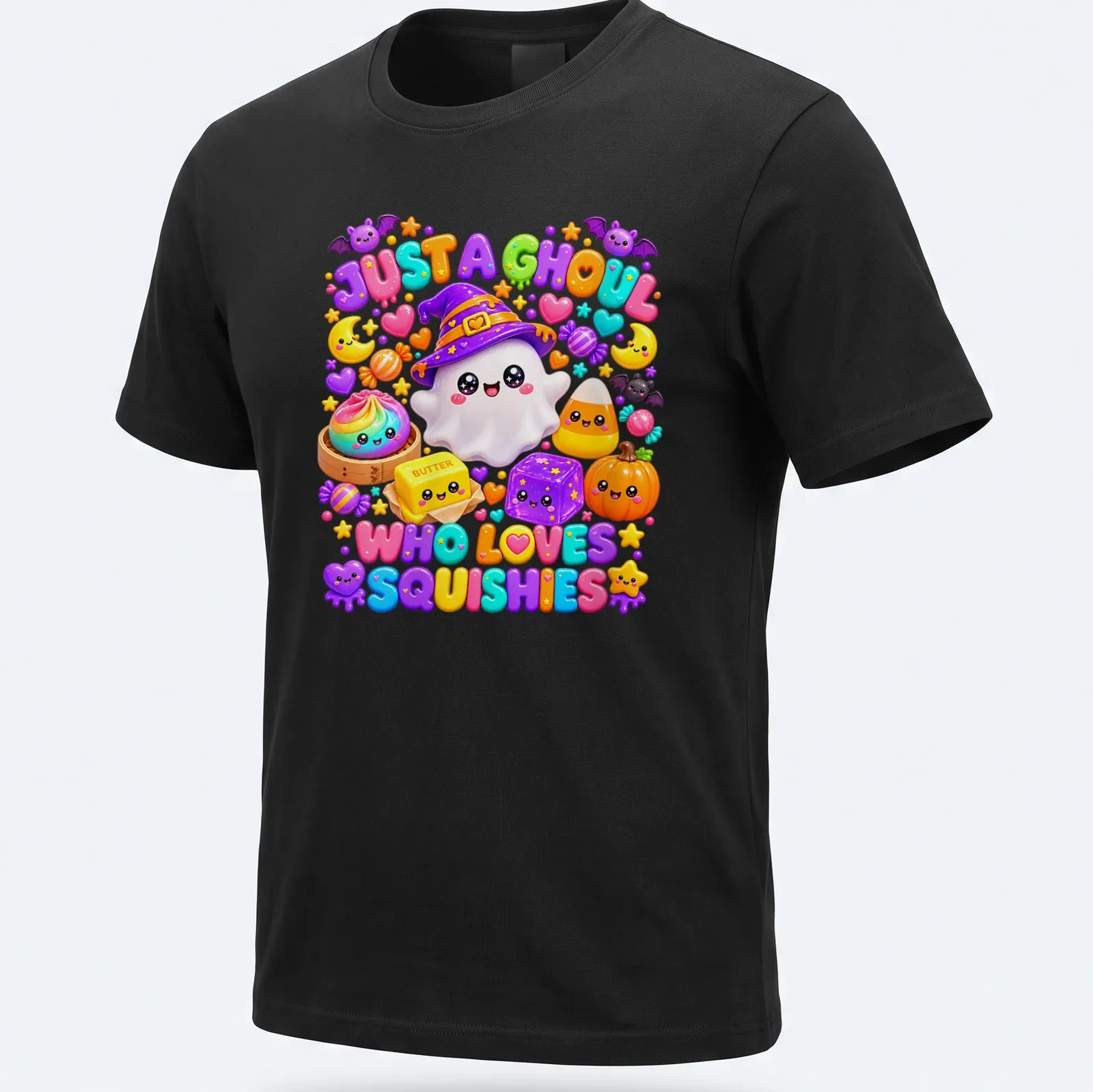 Kawaii ghost with colorful squishies and fun text on a — printed on a unisex t-shirt