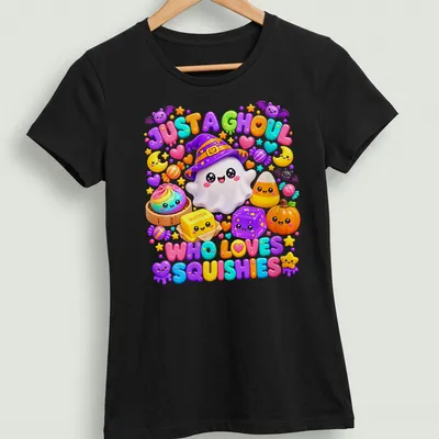 Kawaii ghost with colorful squishies and fun text on a — printed on a women's shirt
