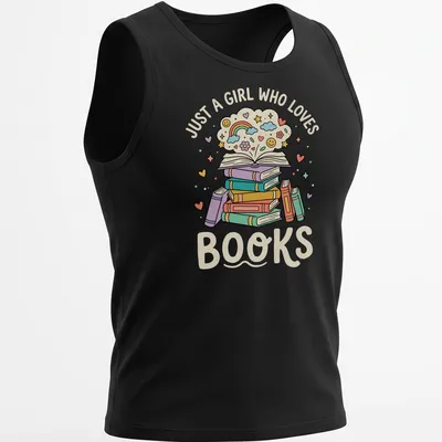 Kawaii illustration of a colorful book stack with text 'Just A Girl Who Loves Books' — printed on a tank top