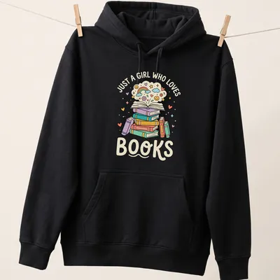 Kawaii illustration of a colorful book stack with text 'Just A Girl Who Loves Books' — printed on a unisex hoodie