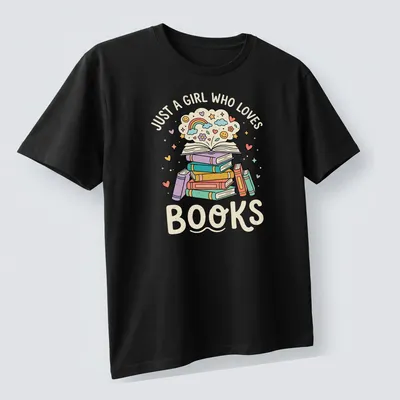 Kawaii illustration of a colorful book stack with text 'Just A Girl Who Loves Books' — printed on a unisex t-shirt (angled view)