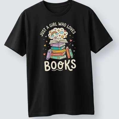 Kawaii illustration of a colorful book stack with text 'Just A Girl Who Loves Books'