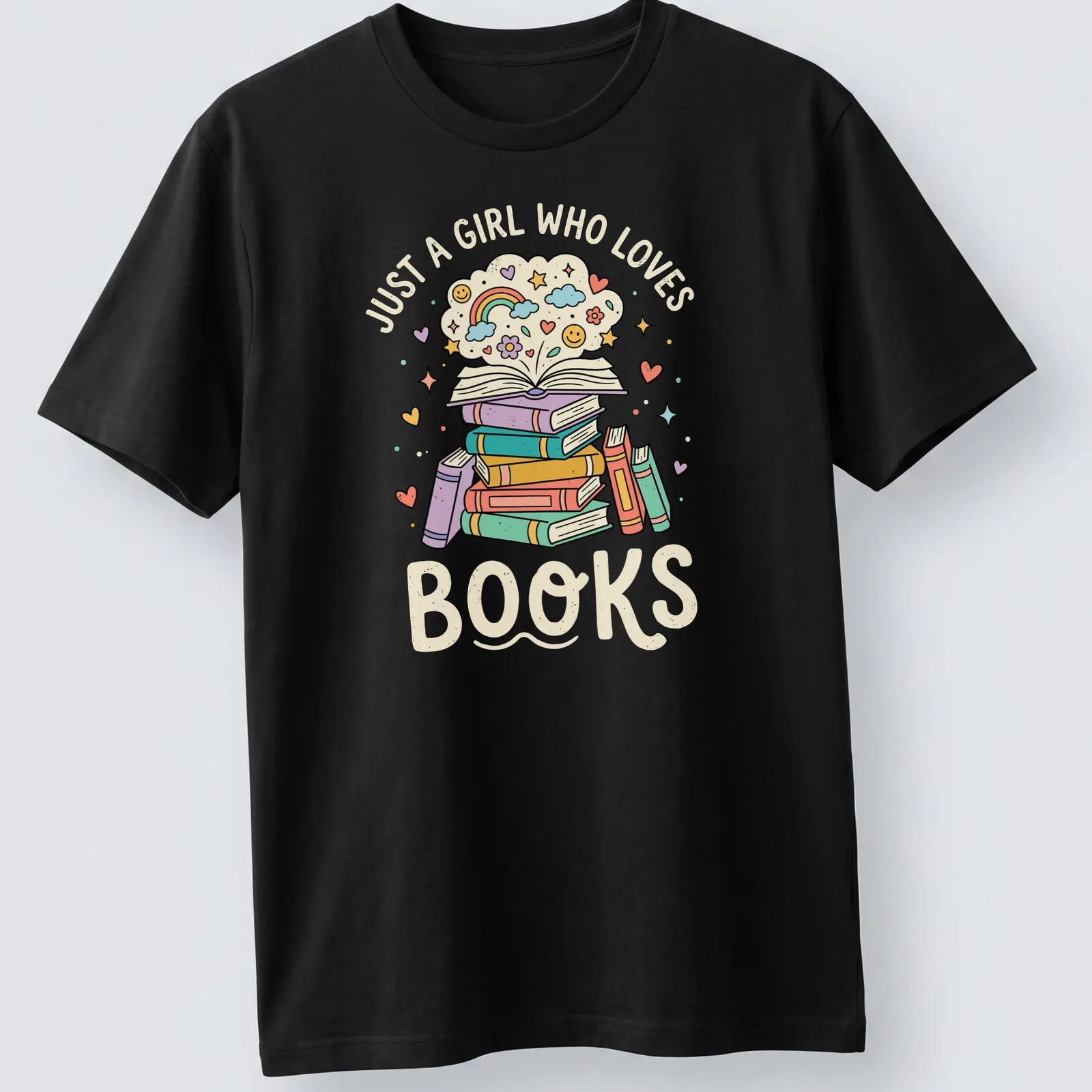 Kawaii illustration of a colorful book stack with text 'Just A Girl Who Loves Books' — printed on a unisex t-shirt