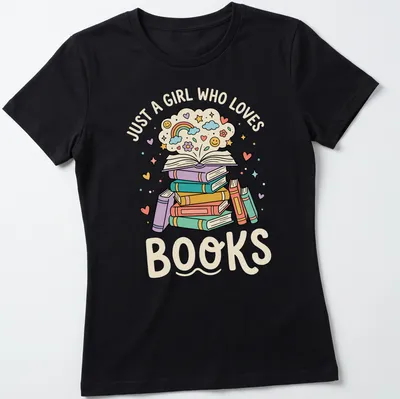 Kawaii illustration of a colorful book stack with text 'Just A Girl Who Loves Books' — printed on a women's shirt