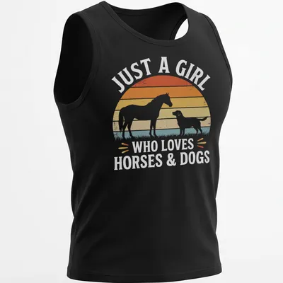 Retro sunset design with text and silhouettes of a horse and dog — printed on a tank top
