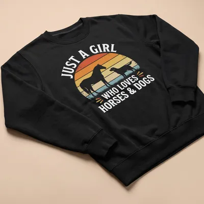 Retro sunset design with text and silhouettes of a horse and dog — printed on a unisex sweatshirt