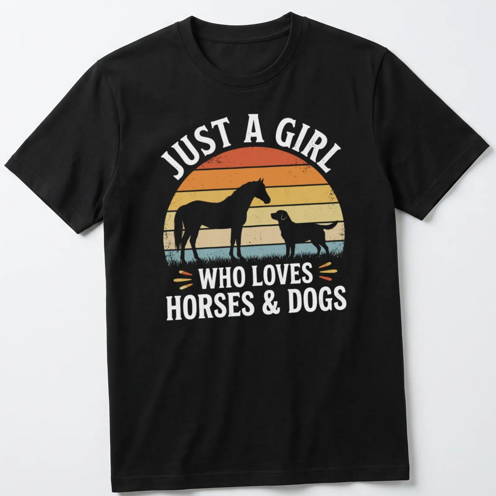 Retro sunset design with text and silhouettes of a horse and dog — printed on a unisex t-shirt