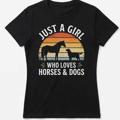 Retro sunset design with text and silhouettes of a horse and dog — printed on a women's shirt