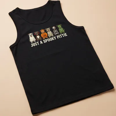 Cartoon Pitbulls in Halloween costumes with the text 'Just A Spooky Pittie' — printed on a tank top