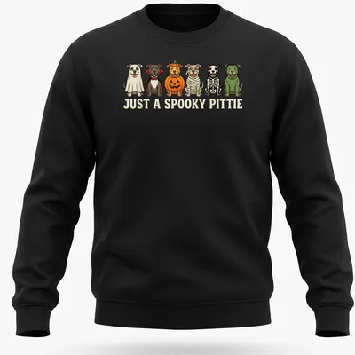 Cartoon Pitbulls in Halloween costumes with the text 'Just A Spooky Pittie' — printed on a unisex sweatshirt