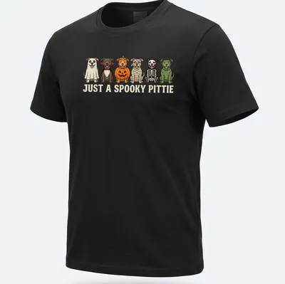 Cartoon Pitbulls in Halloween costumes with the text 'Just A Spooky Pittie' — printed on a unisex t-shirt