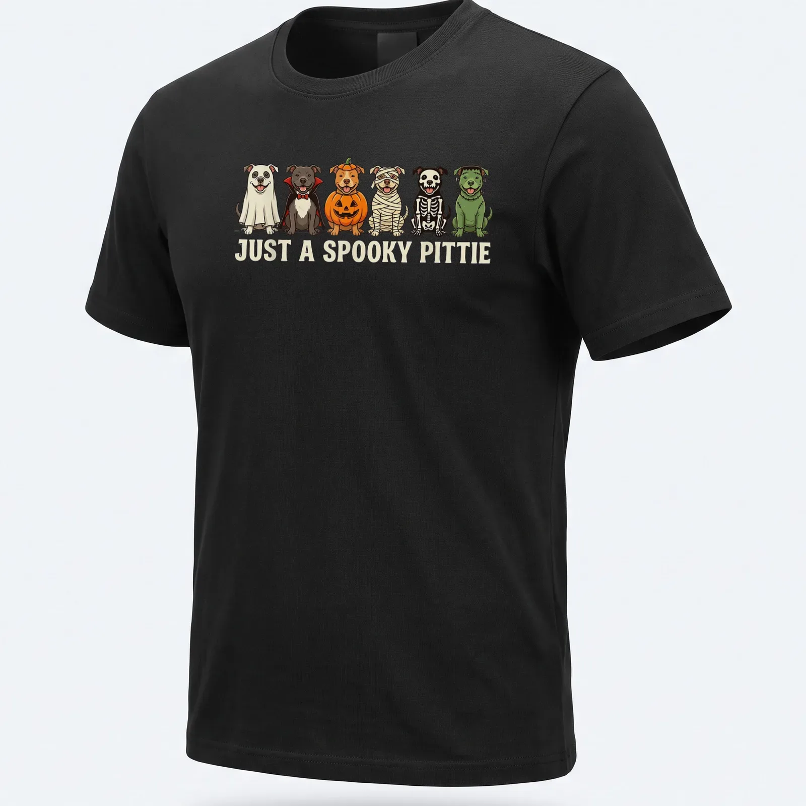 Cartoon Pitbulls in Halloween costumes with the text 'Just A Spooky Pittie' — printed on a unisex t-shirt