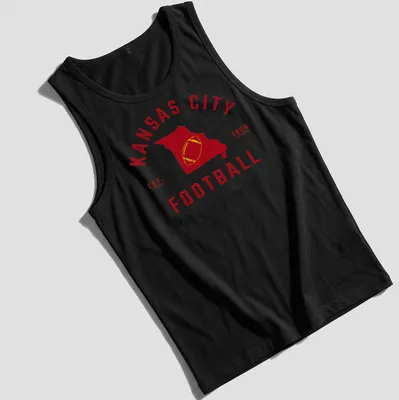 Vintage Kansas City football shirt with Missouri state outline and established text — printed on a tank top